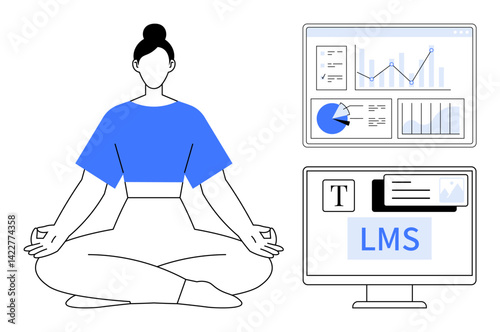 Woman meditating in lotus pose next to two computer screens displaying data charts and LMS interface. Ideal for mindfulness, education, technology integration, productivity, focus, wellness, simple