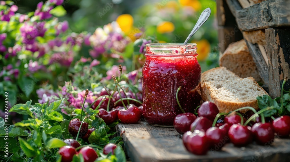 A jar of homemade cherry jam with a spoon dipping into it, surrounded by fresh cherries and bread. A jar of homemade cherry jam with a spoon dipping into it, surrounded by fresh cherries and bread.