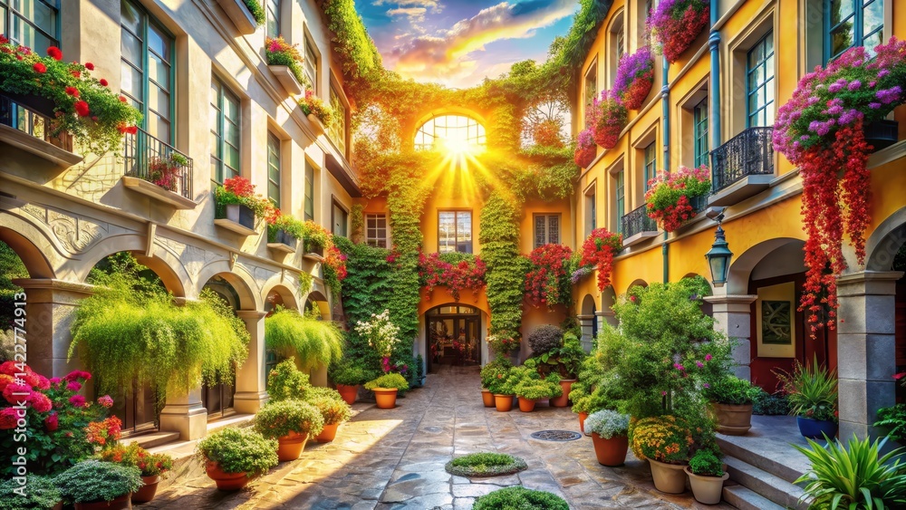 Naklejka premium Sunlit Courtyard with Floral Displays