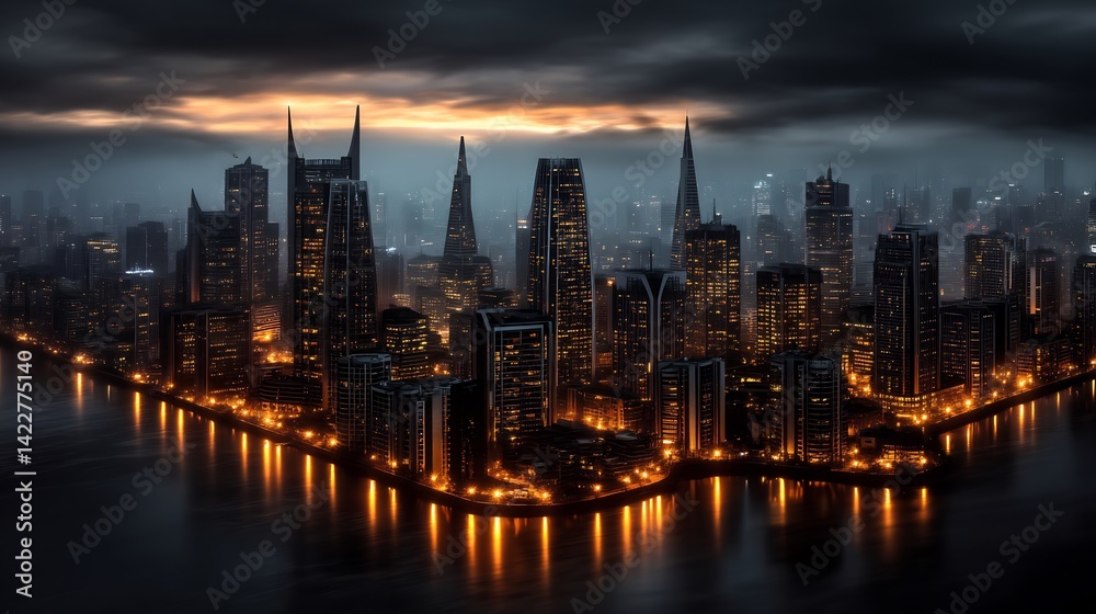 Gloomy metropolis skyline at twilight with shimmering waterfront lights Gloomy metropolis skyline at twilight with shimmering waterfront lights