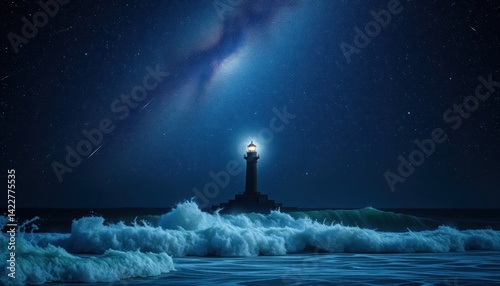 Beacon of Hope: Lighthouse Amidst the Starry Night and Turbulent Waves