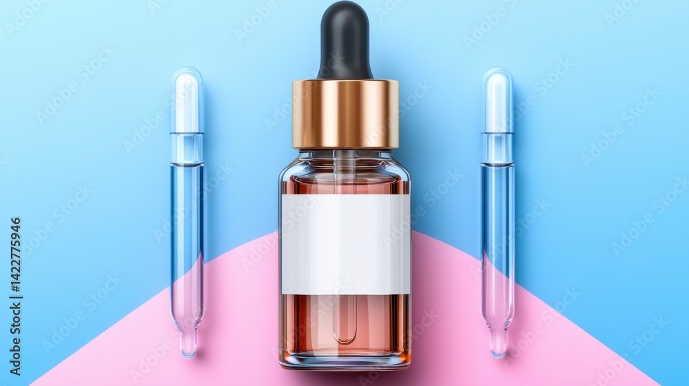 Amber Glass Dropper Bottle with White Label on Pink and Blue Background Amber Glass Dropper Bottle with White Label on Pink and Blue Background