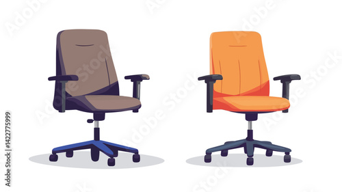 A digital illustration shows two flat-style ergonomic office chairs. One chair features a soft brown upholstery with a contrasting dark blue base, while the other...