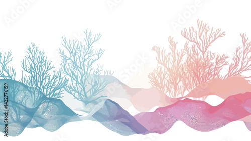 This work shows a horizontal abstract design depicting stylized coral forms in soft tones. The coral is depicted in a delicate and detailed manner, like line art.
