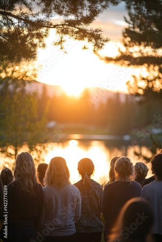 The early morning sun rises over a calm lake, casting light on the peaceful service. Worshipers sing together, their voices rising with the warmth of the day. The mood is joyous and uplifting