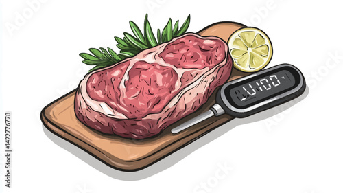 This digitally rendered isometric image shows a grilled rib-eye steak on a light brown wooden cutting board. The steak is richly marbling and has a reddish-pink interior.