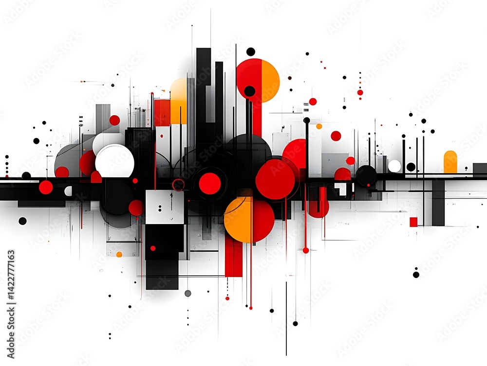 Obraz premium Abstract geometric cityscape with red, black, and white shapes.