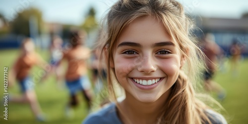 A girl with blonde hair is smiling and looking at the camera