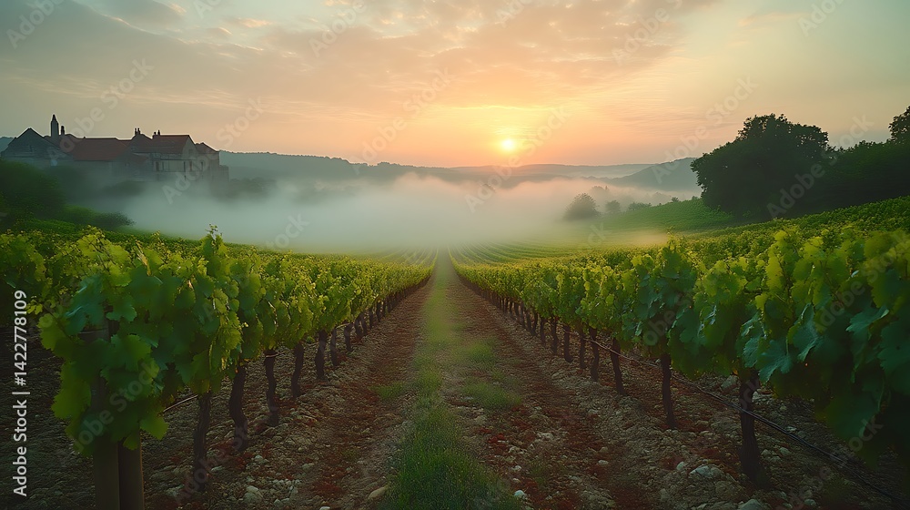 Naklejka premium Sunrise over misty vineyard rows.