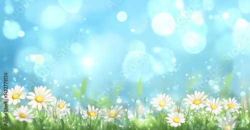 serene spring background features white daisies blooming in lush green field under bright blue sky with soft bokeh lights, creating peaceful and refreshing atmosphere