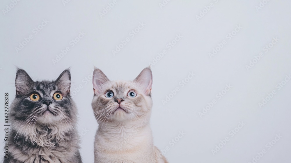 Obraz premium Two cats with striking features gaze upward, showcasing their unique fur patterns and expressive eyes against a light background.
