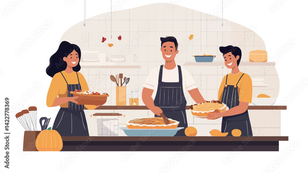 This illustration shows a digitally rendered scene of three people, seemingly a family, busy baking. The colors are warm and welcoming.