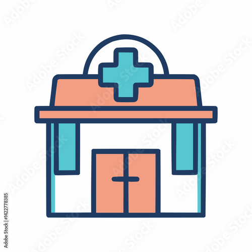 A colorful illustration of a hospital building with a cross on the roof.  It features double doors with a cross at the center and blue awning flags on the side of the building