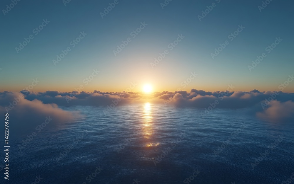 Fototapeta premium Sunset over calm ocean, above clouds.