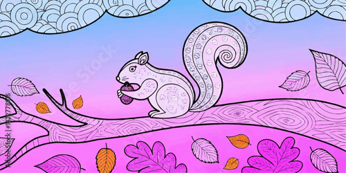 A charming squirrel, clutching a nut, is set on a tree branch. The scene is decorated with leaves and set against a softly colored sky, creating a cozy autumnal atmosphere