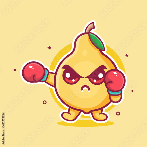 serious quince fruit character mascot playing boxing sport isolated cartoon