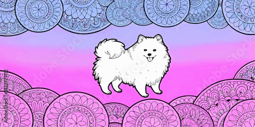 A lovely illustration of a fluffy white dog, standing proudly amidst an array of decorative circles. The scene is filled with a sense of charm and artistic flair.