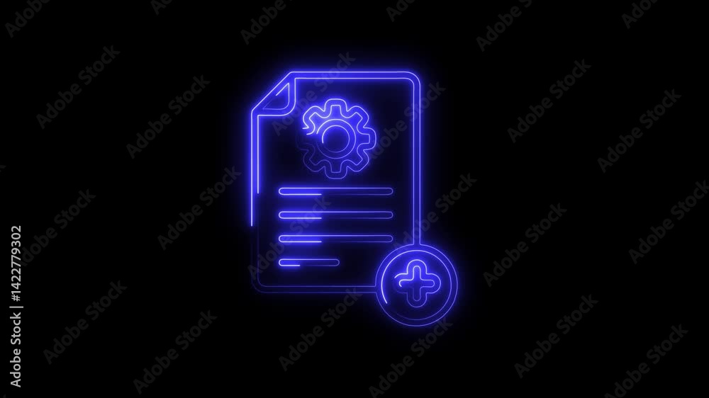 Neon blueprint with gear configuration and add symbol on black background