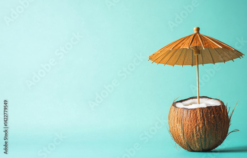 Wallpaper Mural coconut with small umbrella on top sits against solid turquoise background, evoking tropical and refreshing vibe Torontodigital.ca