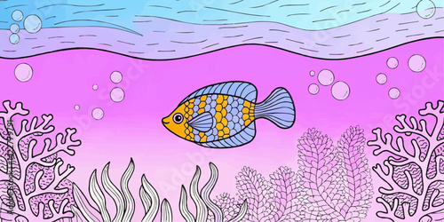 A whimsical fish swimming in a vibrant underwater world. The fish is colorful, and surrounded by coral and bubbles, creating a magical and dreamlike atmosphere. 