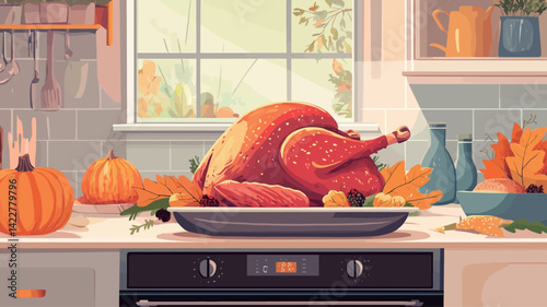 The painting shows a carefully executed digital painting of a roasted turkey prominently placed on a dark roasting pan. The turkey is richly colored with deep reddish-brown tones.