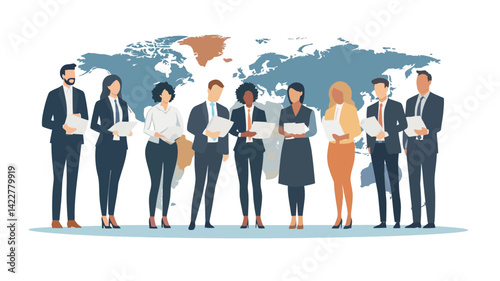 A stylized vector illustration of a diverse group of business people standing shoulder to shoulder holding various documents or papers.