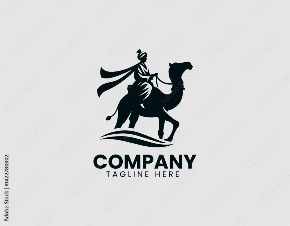 Solemn Turbaned Figure Riding Camel Vector Logo Design Solemn Turbaned Figure Riding Camel Vector Logo Design