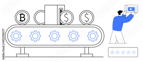 Conveyor belt with gears converting cryptocurrency to currency symbols, alongside user interacting with a digital platform. Ideal for finance, blockchain, automation, fintech, innovation, user