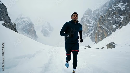 Active Man Jogging in Snowy Mountains Under Clear Blue Sky