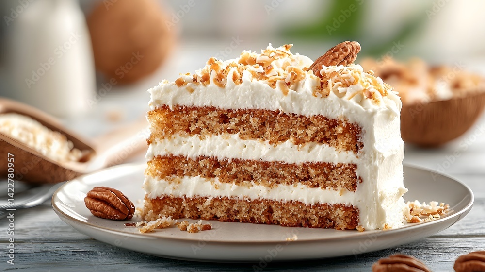 Decadent layered pecan cake with creamy frosting and a garnish of crisp toasted pecans presented on a plate for a delightful gourmet dessert Decadent layered pecan cake with creamy frosting and a garnish of crisp toasted pecans presented on a plate for a delightful gourmet dessert