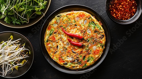 Deliciously Colorful Vegetable Omelette with Chili and Sauces