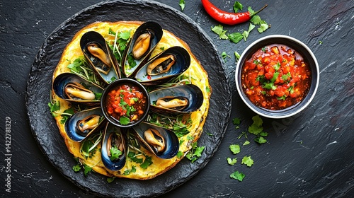 Colorful Seafood Platter with Mussels and Spicy Salsa Sauce