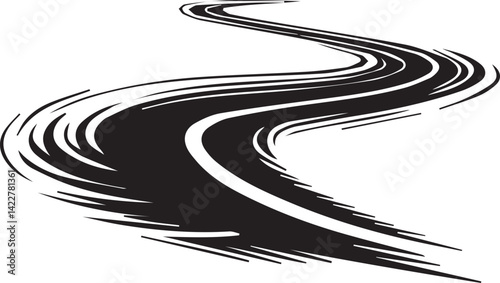 A curving, stylized road design in black and white, featuring dynamic, sweeping lines. 
