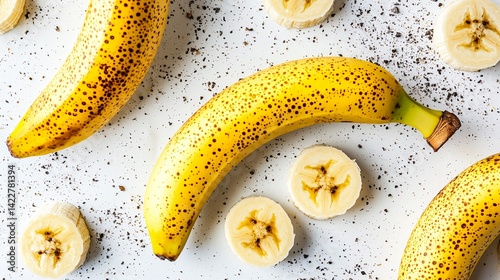 Fresh Bananas on White Background with Sliced Fruit and Texture