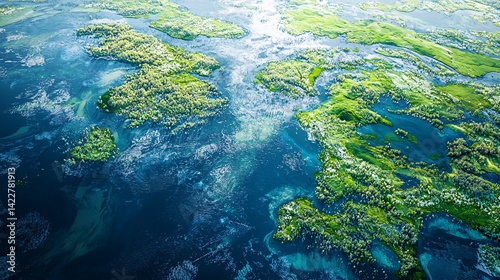 Aerial View of Vibrant Green Islands in Turquoise Water Landscape