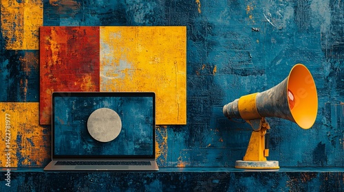 Vibrant Workspace with Laptop and Vintage Megaphone on Colorful Wall