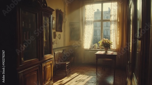 Wallpaper Mural Sunlit Vintage Room Interior with Antique Furniture and Window View Torontodigital.ca