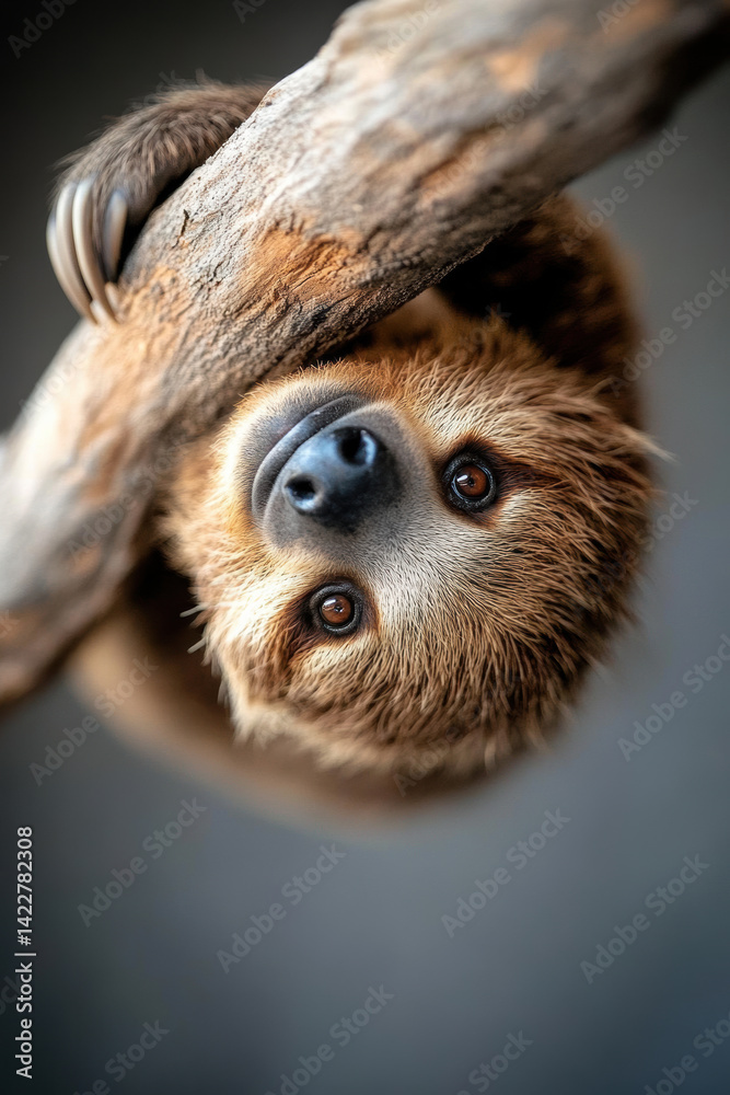 Fototapeta premium Sloth hanging from a branch with a no worries face, A close-up of a sloth hanging upside down from a tree branch, showcasing its large, expressive eyes and fuzzy fur.