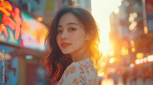 Woman with Floral Dress Posing at Sunset in Vibrant City Streets