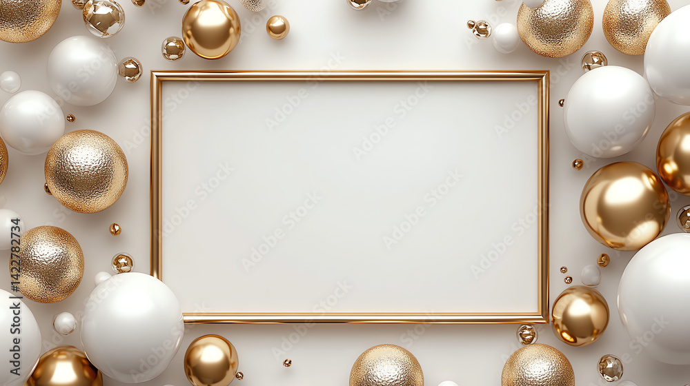 Obraz premium Elegant 3D rendering of a gold frame with white and golden spheres, perfect for festive events. Clean white background with a central writing space, surrounded by balloons. Simple yet luxurious design