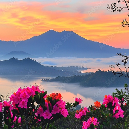 Vibrant Sunrise Over Mountains and Lush Flowers in Scenic Landscape