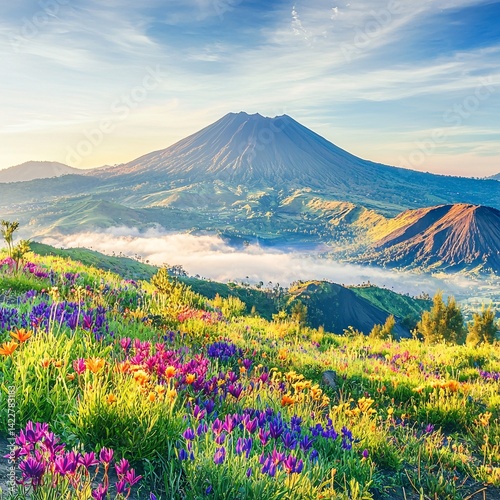Majestic Volcano Surrounded by Vibrant Wildflowers in Morning Light