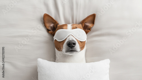 Dog lying on a pillow with an eye mask, A cute dog wearing a sleep mask, cozy and relaxed on a bed with a pillow, embodying comfort and tranquility in a peaceful setting.
