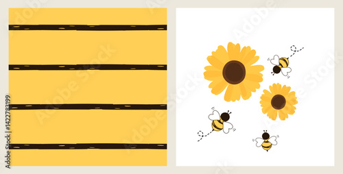 Seamless pattern with bee stripe background. Bee cartoon and sunflower sign logo isolated on white background vector.