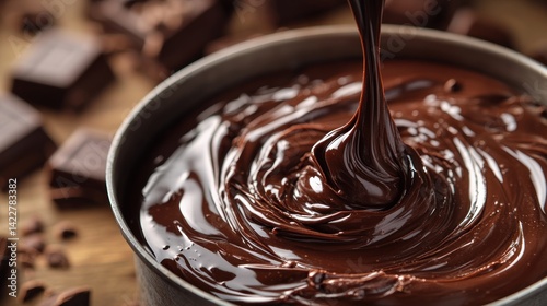 Deep rich swirl of melted chocolate fudge in a metal pot, captured in macro overhead with a glossy texture and soft ambient light