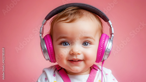 A little baby girl wearing headphones listening to music. Smiling at camera. Abstract pink background.