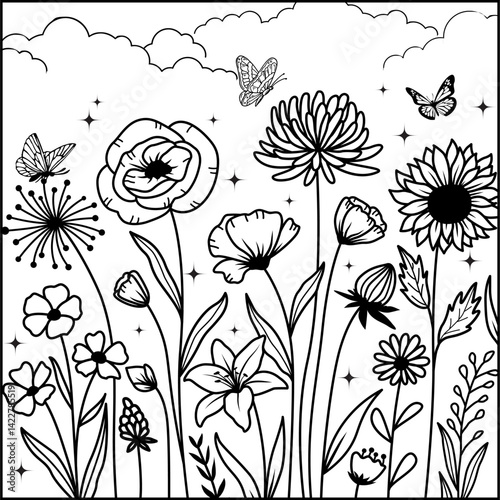 Printable coloring page summer concept. Coloring book activity. Outline vector illustration. Black and white line nature landscape, flowers field. Coloring book for adult and kids.