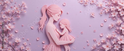 Mother and child embrace in pink paper-craft style with cherry blossoms