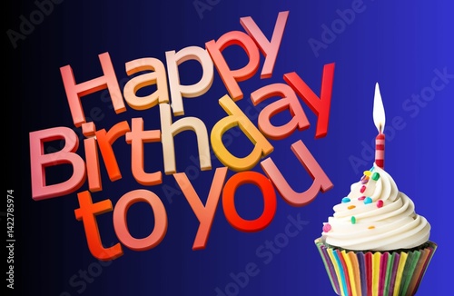Happy Birthday to You Illustration – 3D Text and Cupcake Candle on a Blue Gradient Background for Greeting Cards and Celebration Graphics