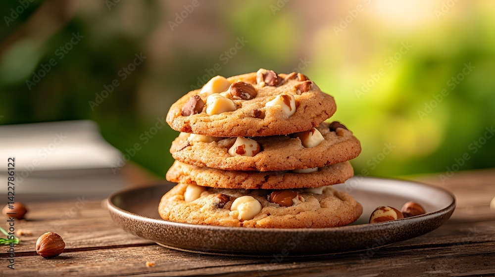 A stack of homemade chocolate chip and nut cookies arranged on a rustic wooden plate with a natural outdoor setting in the background A stack of homemade chocolate chip and nut cookies arranged on a rustic wooden plate with a natural outdoor setting in the background